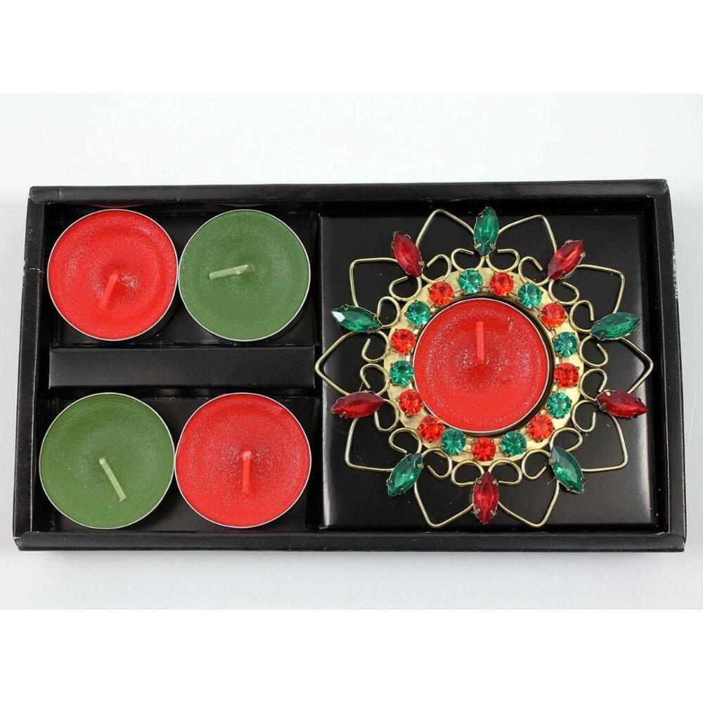 Festive Tealight Candle Set Red & Green Unscented Candles And Decorative Holder
